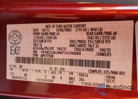 2015 Ford Escape Titanium from USA, damaged, VIN 1FMCU9J96FUC08285